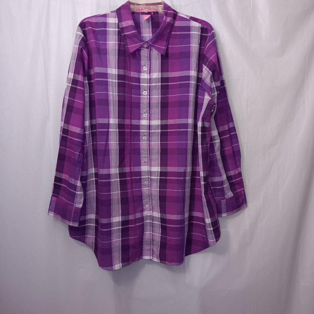 WOMAN WITHIN PLAID COTTON BLEND BUTTON UP SHIRT PURPLE GRAY PLUS SIZE 1X